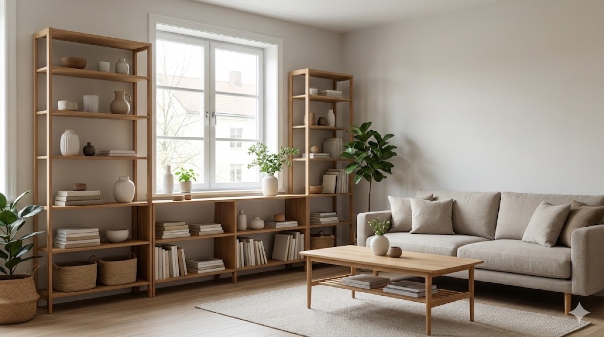 自然光が差し込むリビングルームで、木製の棚に本や雑貨が整然と並べられ、ソファとテーブルが配置されている。部屋が整って見えるものの置き方や収納のアイデアを示す写真。