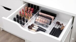透明な仕切りを使ってきれいに整理されたメイク用品の引き出し収納