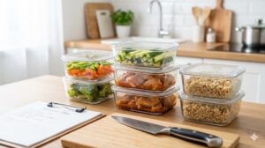 明るく整頓されたキッチンで、食材が透明な容器に下ごしらえされて積み重ねられている。計画が書かれたバインダーと包丁がある。