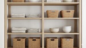 余白を持たせて美しく整理された木製のオープンシェルフ収納