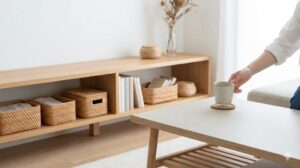 整理整頓された部屋で使い終わったコップを元の場所に戻す様子