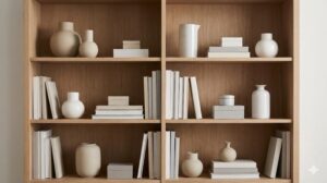 棚に置かれた小物の色調と高さが統一され、整然と美しくディスプレイされた様子。