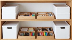 統一された白いボックスと木のトレーで整理整頓された棚の写真