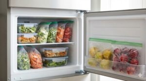 透明な保存容器とジッパー袋で整理整頓され、中身が把握しやすく使いやすい一人暮らしサイズの冷凍庫