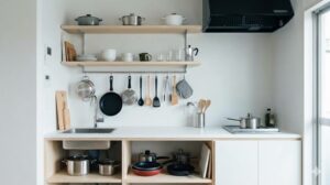 整理整頓された一人暮らしの小さなキッチンの調理器具と棚