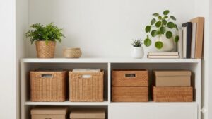 カゴやボックスを使ってすっきりと整理された収納棚