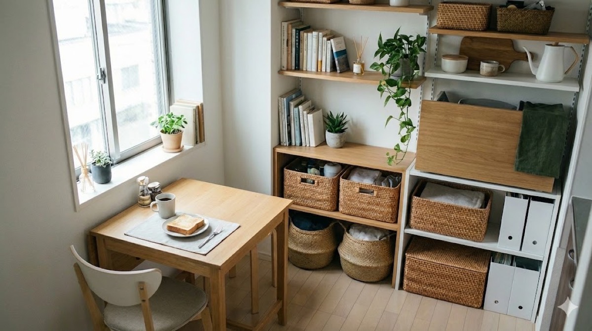 自然光が差し込む、整理整頓された一人暮らしのワンルーム。窓辺のテーブルには一人分の朝食が置かれ、棚はカゴ収納で整っている。暮らしを整えるヒントを表現した画像。