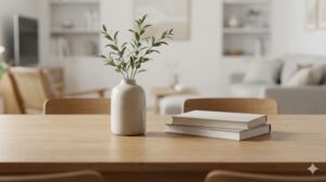生活感が出やすいテーブルの上がすっきりと片付き、花瓶と本が美しく配置された様子。