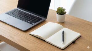 整理整頓された木製のデスク。ノートパソコン、開いたノート、ペン、小さな観葉植物がきちんとした配置で置かれているクローズアップ写真。