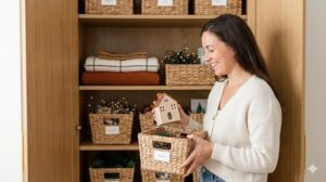整理された木製の収納棚の前で、笑顔で季節の小物を入れたバスケットを出し入れしている女性