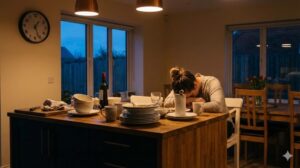 忙しい夕方のキッチンで疲れ果てて座り込む人物と散らかった食器