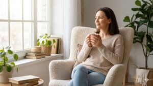 穏やかな光の中でくつろぎ、心地よいひとり時間を過ごす女性。自分らしいペースで楽しむことの大切さを伝えるまとめのイメージ。