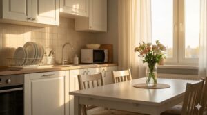 食後の片付けが済んだ穏やかなキッチンとダイニング。夕日が窓から差し込み、花が飾られている。