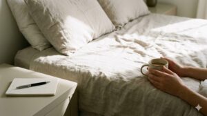 穏やかな休日の朝、ベッドサイドのテーブルに置かれたノートとペン、そしてコーヒーカップを持つ手元の様子。