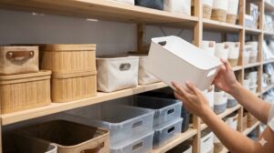 店舗で多様な収納カゴやボックスが並ぶ棚の前で、白いシンプルな収納ボックスを手に取り比較検討する様子