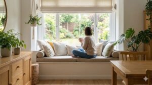 窓辺のベンチで庭を眺めながらくつろぐ女性の後ろ姿、自分らしい豊かな暮らしの象徴