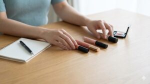 ノートとペンを横に置き、メイク用品を分類しながら整理を考えている手元