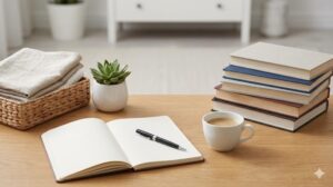 魅せる収納を始める前の計画用ノートとペン、これから飾る予定の本や雑貨が置かれたテーブル