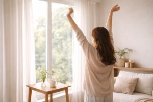 朝の光の中で背伸びをする一人暮らしの穏やかな時間