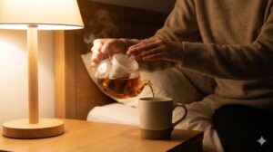 夜の習慣として、温かい飲み物を準備するためにティーポットからカップにお茶を注ぐ手元の様子。夜の流れを整えるルーティン。