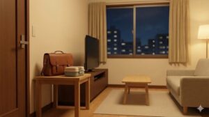 夜のリビングの一角に、翌日の仕事用の鞄とお弁当箱がきれいに準備されている様子。明日のための小さな準備。