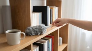 ハンディモップで棚をサッと掃除する手元のアップ