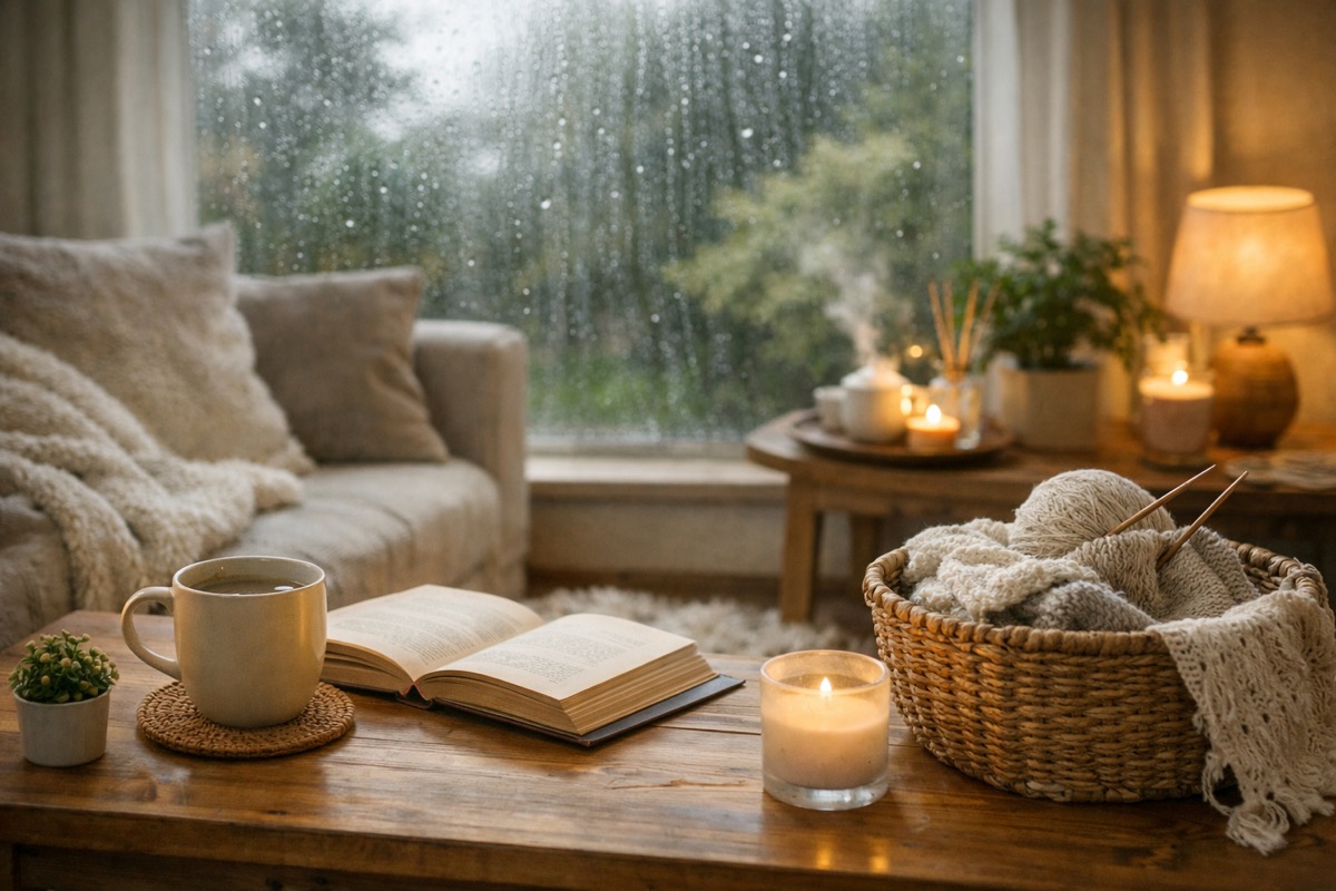 雨の日の室内でコーヒーと本を楽しむ、天気が悪い日でも快適に過ごせる落ち着いたリビング空間