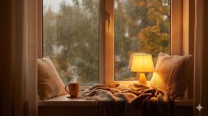 雨の日の午後に窓辺のテーブルランプの温かい光でくつろぐ様子