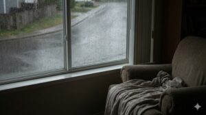 雨で濡れた窓ガラス越しに見る薄暗い街並みと、室内のソファとブランケット