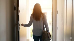 朝の光の中、バッグを持って玄関のドアを開け、外出しようとする女性の後ろ姿