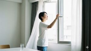 部屋の窓を大きく開け、心地よい風を感じてリフレッシュしている女性。