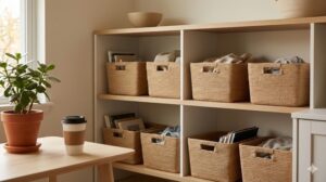自然素材のバスケットにざっくりと物が収納され、完璧すぎないが心地よく整ったリビングの棚