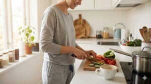 日差しが差し込むキッチンでリラックスして野菜を切る様子