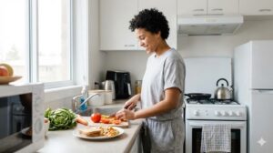 明るいキッチンでリラックスして笑顔で野菜を切る女性