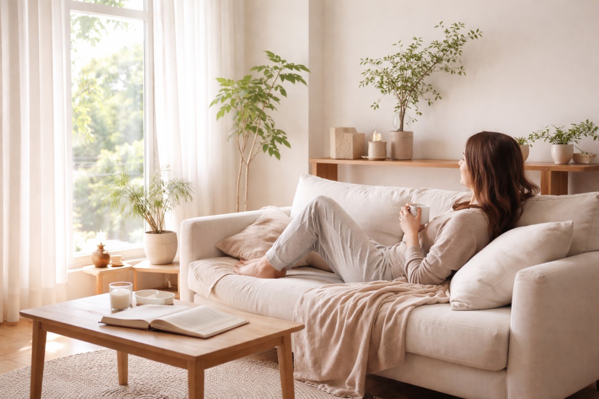 一人暮らしの部屋でソファに座りくつろぐ穏やかな休日の時間