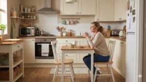 整った心地よいキッチンでリラックスして飲み物を飲む女性