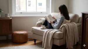 完璧ではないが居心地の良い部屋で読書をしてリラックスする様子