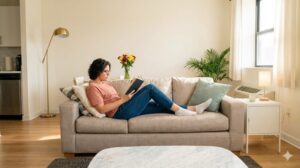 整った部屋のソファでリラックスして読書をする女性