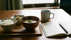 リラックスした一汁一菜の食卓。温かい味噌汁、ご飯、小鉢があり、湯気が立っている。隣にノートとペンが置かれている。