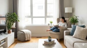明るく整頓されたリビングルームで、一人の女性がアームチェアに座り、静かに読書を楽しんでいる。