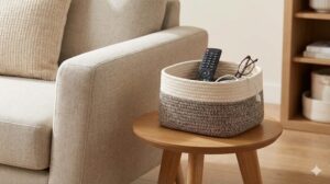 ソファ横のサイドテーブルに置かれた、リモコンや眼鏡が入った収納カゴ