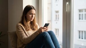 予定のない休日に落ち着かない様子でスマホを見つめる一人暮らしの女性