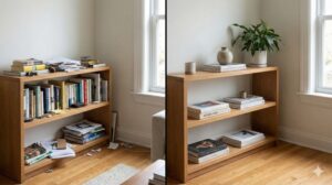 家具を買い替えずに部屋の印象が変わる理由を示す、棚のビフォーアフター比較画像。左側は物が溢れ雑多な印象、右側は整理され余白が生まれたことで広く落ち着いた印象に見える様子。視界に入る面積のバランスが重要であることを表現。