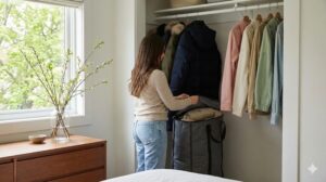 季節の変わり目にクローゼットの服を入れ替えている女性と、新緑が見える窓辺