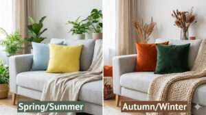 クッションや小物の色を変えて季節感を表現した春夏と秋冬のインテリア比較