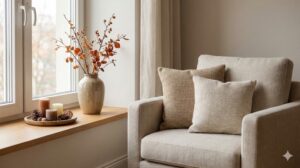 窓辺の木製ベンチに置かれた季節の枝ものとキャンドル、アームチェアのクッションが心地よいリビングの風景