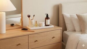 厳選されたアイテムが定位置に置かれた、すっきりと落ち着いたドレッサー