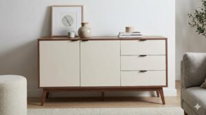 リビングのサイドボード。上部はアートや雑貨を美しく「見せて」飾り、下部は扉と引き出しで中身を「隠して」収納している、メリハリのある配置。