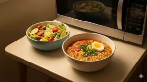 疲れた日の夕食として、具材を乗せたインスタントラーメンとサラダが電子レンジの前に置かれている。温かい照明。