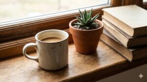 窓辺に置かれた使い込まれたマグカップ、小さな多肉植物、古びた本。家にあるものを活かしたシンプルな暮らしの風景。